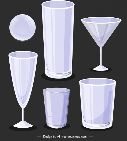 glassware icons modern 3d blank sketch
