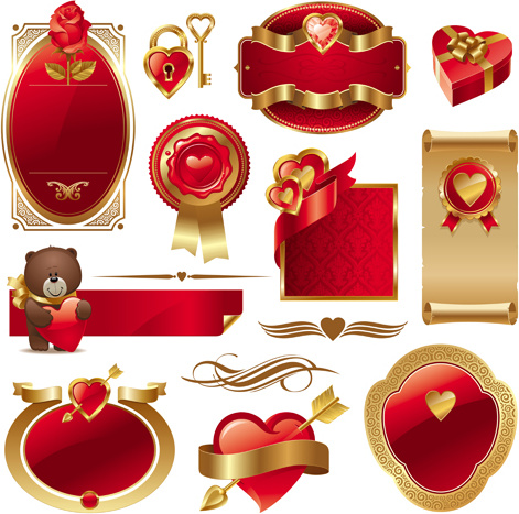 gold and red valentine day labels vector