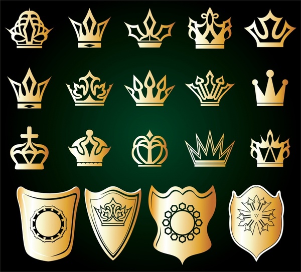 herald design elements golden crown shield icons