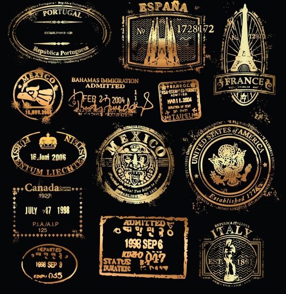 nations stamps collection dark retro golden black shapes