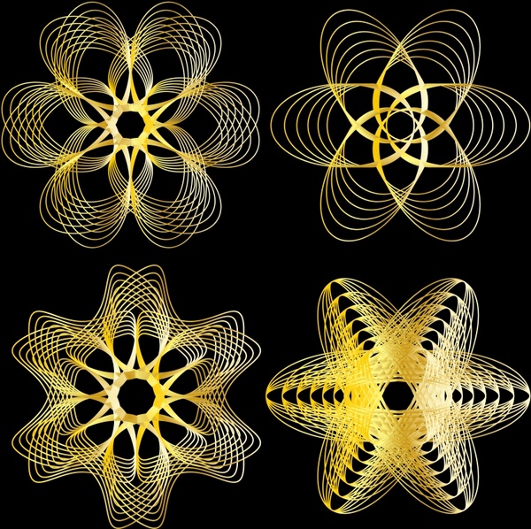 kaleidoscope decorative elements golden dynamic design symmetric shapes