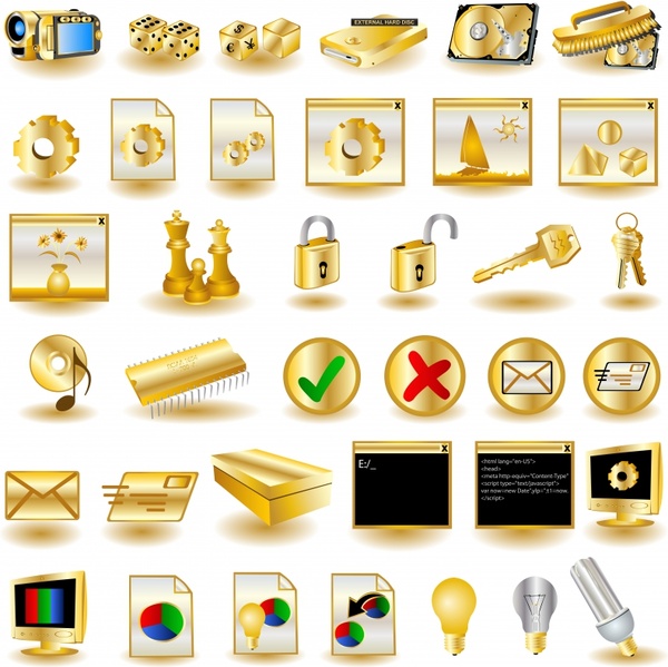 computer icons collection shiny modern golden decor
