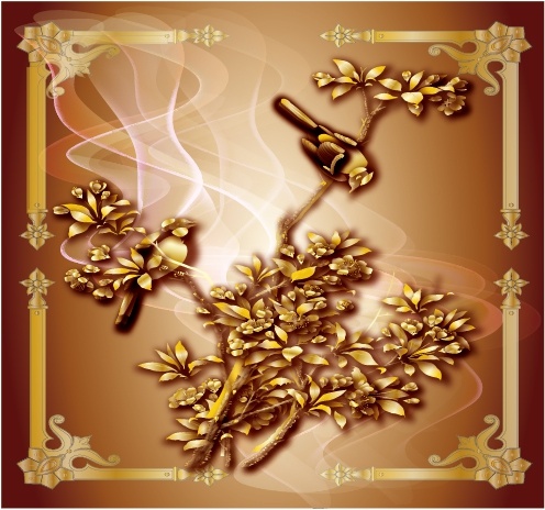 golden flowers and birds vector