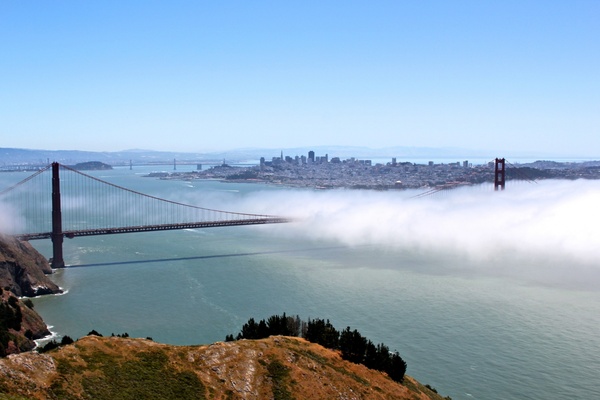 golden gate bridge in fog from high point