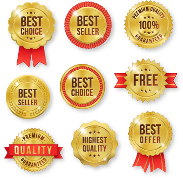 golden premium quality labels with red ribbon vector
