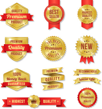 golden premium quality labels with red ribbon vector