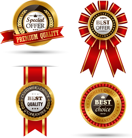 golden quality labels with red ribbon vector