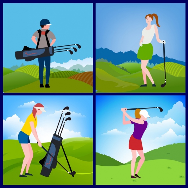 golfer icons isolation multicolored cartoon design various gestures