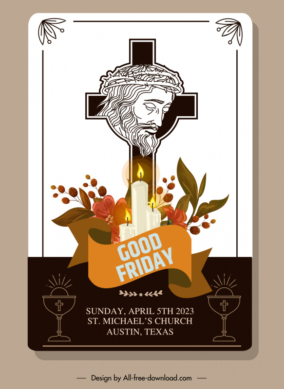  good friday invitation banner template elegant classical jesus holy cross candle ribbon flowers decor
