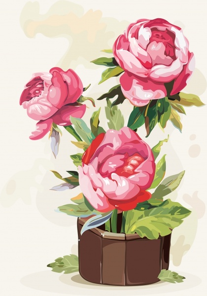 peony flower painting colored retro gouache sketch
