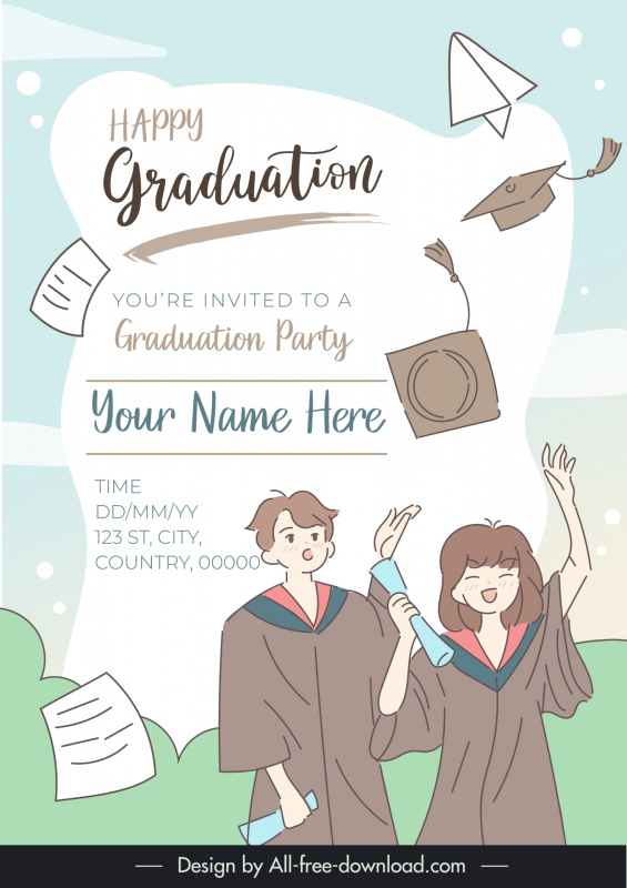 graduation invitation card template cute handdrawn cartoon students