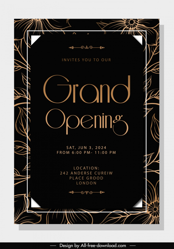 grand opening invitation card template flat dark handdrawn leaves