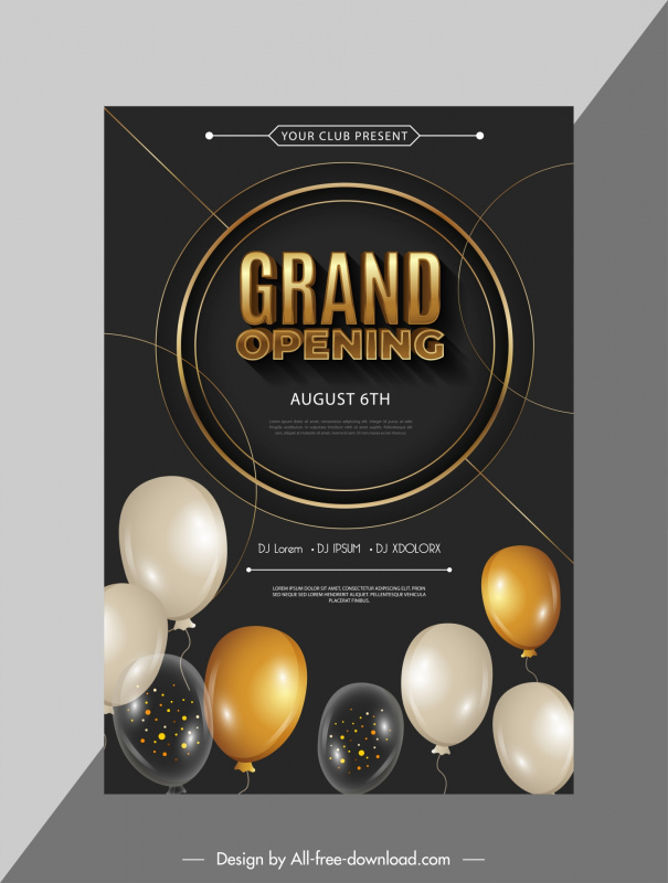 grand opening poster template elegant dark balloons