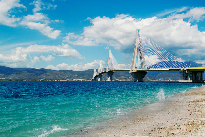 greece landscape picture waving seaside bridge scene  