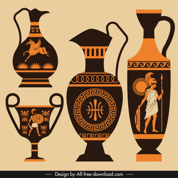 greek pottery icons elegant retro decor flat dark