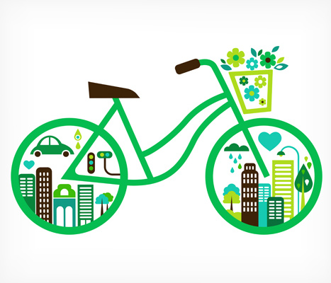 green bicycle and city vector