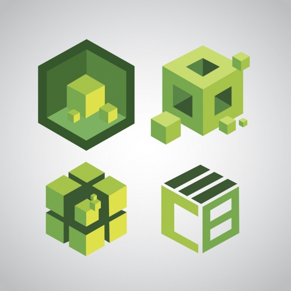 green cubes icons sketch 3d decoration
