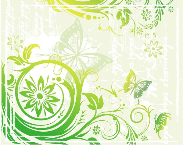 Green Floral and Butterflies Vector Illustration