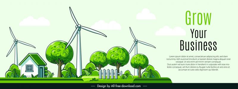 green power website banner  template house trees windfarm scene 
