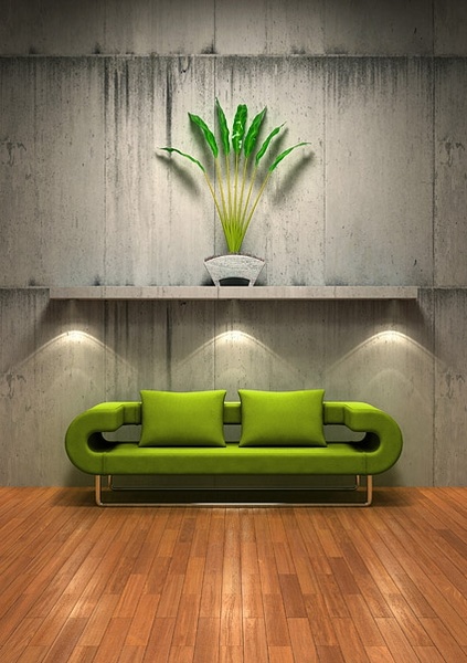 green sofa with the old wall picture