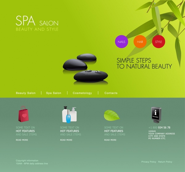 spa webpage template green decor beauty elements icons