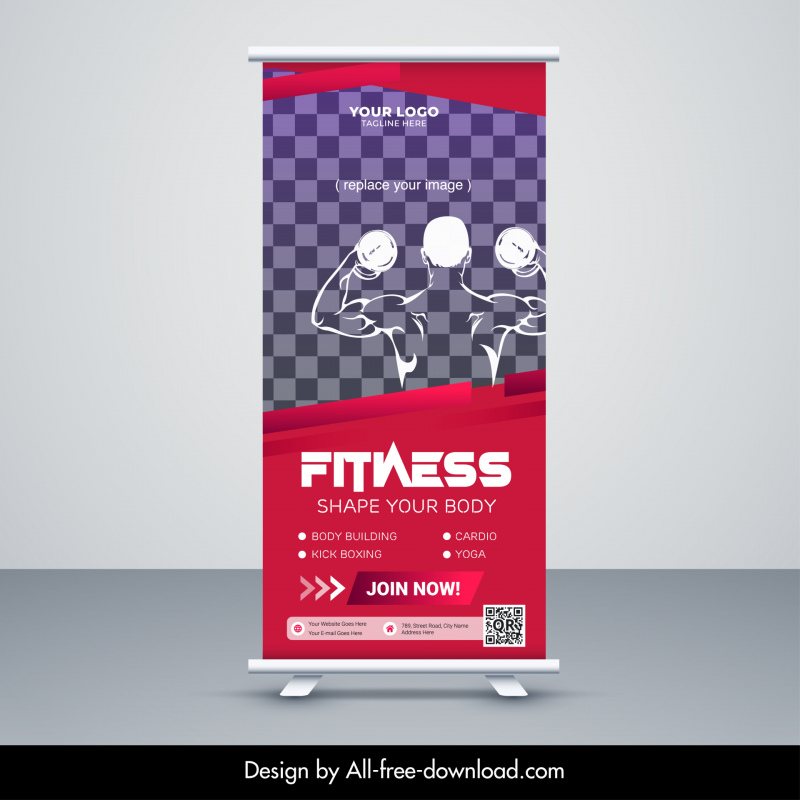 gym fitness banner template silhouette checkered standee