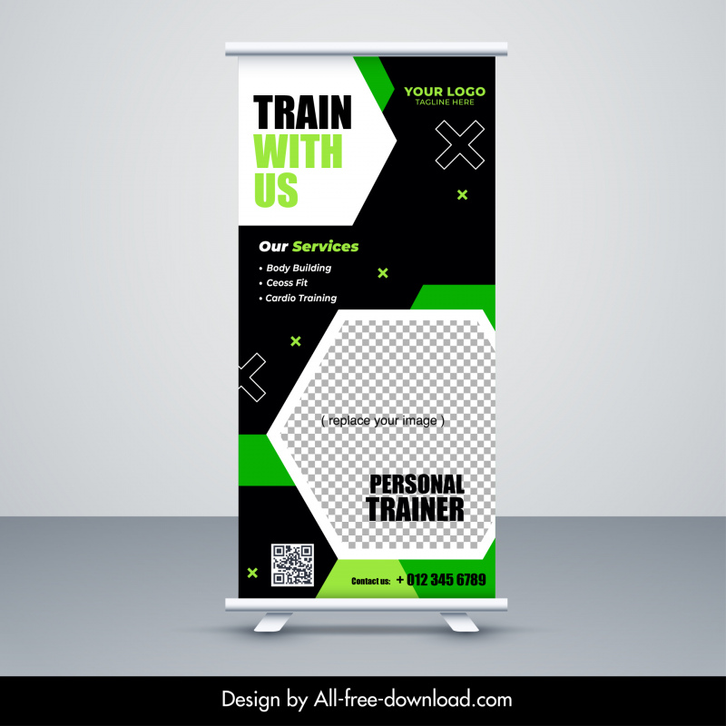 gym fitness sports  banner template geometric roll up 