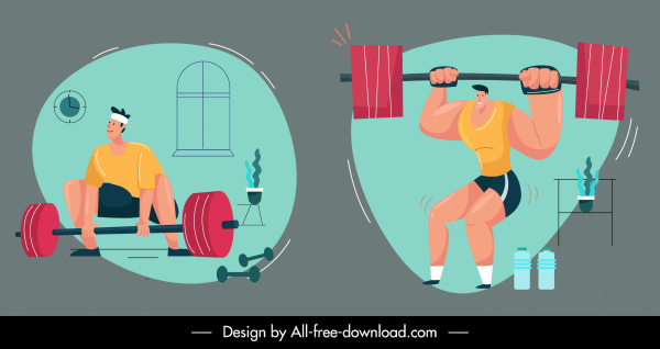 gymnasium sports icons colored cartoon sketch dynamic design