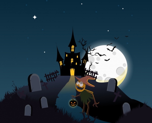 halloween background moonlight castle cemetery ghost icons