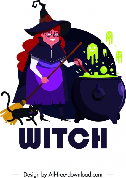 halloween background witch poison cat icons cartoon characters 