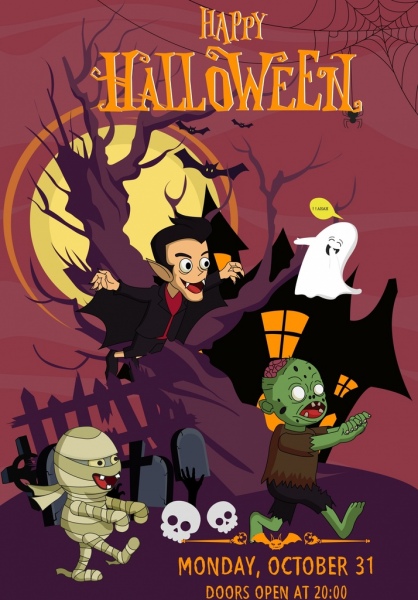 halloween banner scary characters icons cartoon design