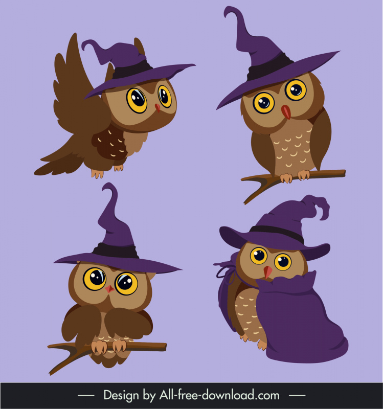 halloween characters icons collection  cute cartoon owls in witch costumes sketch 