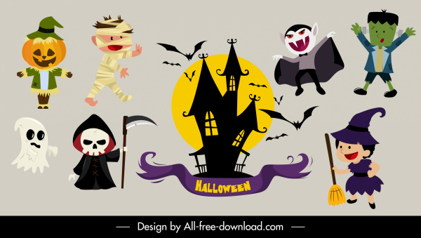 halloween design elements horror symbols sketch