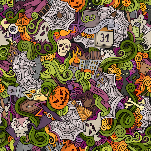 halloween doodle vector seamless pattern