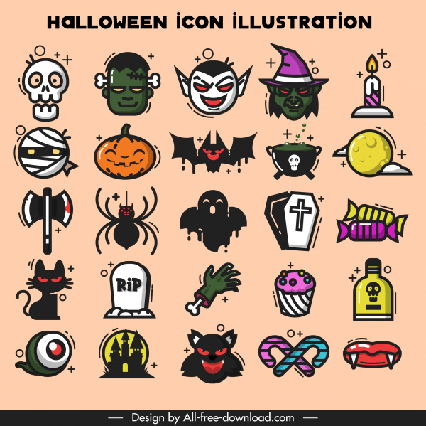 halloween icons collection colored horror emblems sketch
