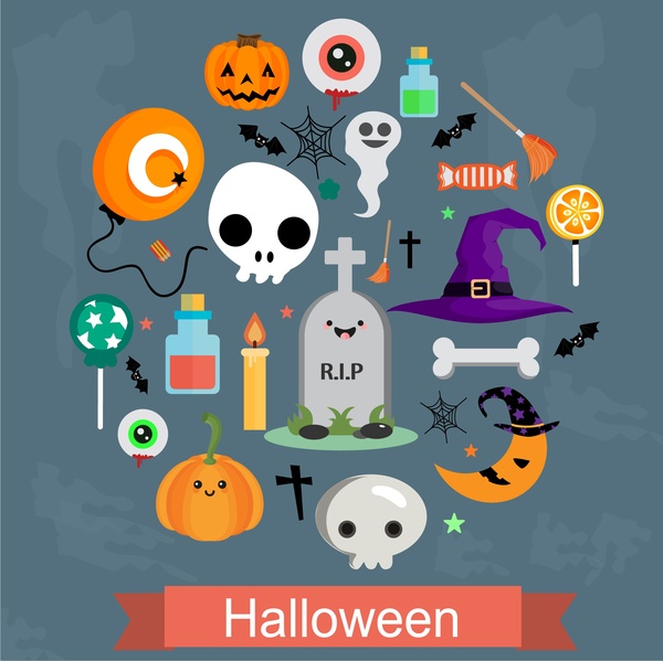 halloween icons illustration with symbols arranged in circle 