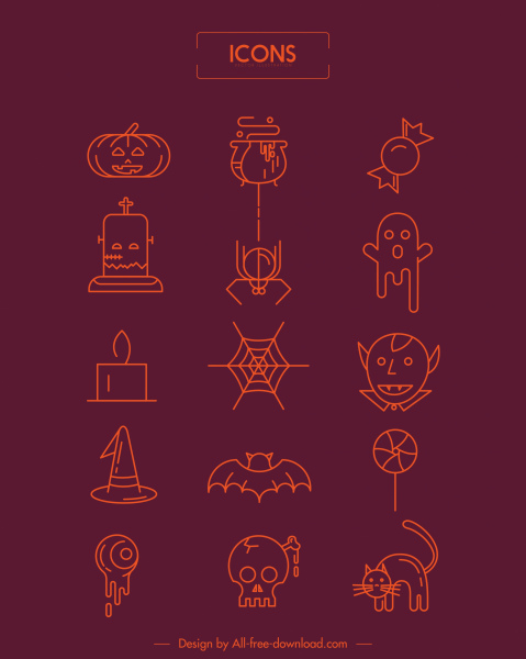 halloween icons scary objects flat sketch