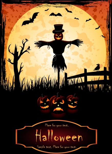halloween banner dark vintage scarecrow bats pumpkins decor
