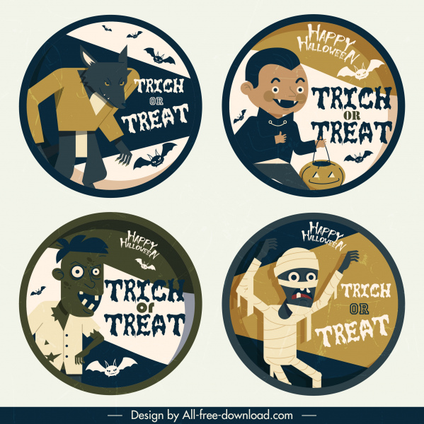 halloween label template horror characters sketch circle design