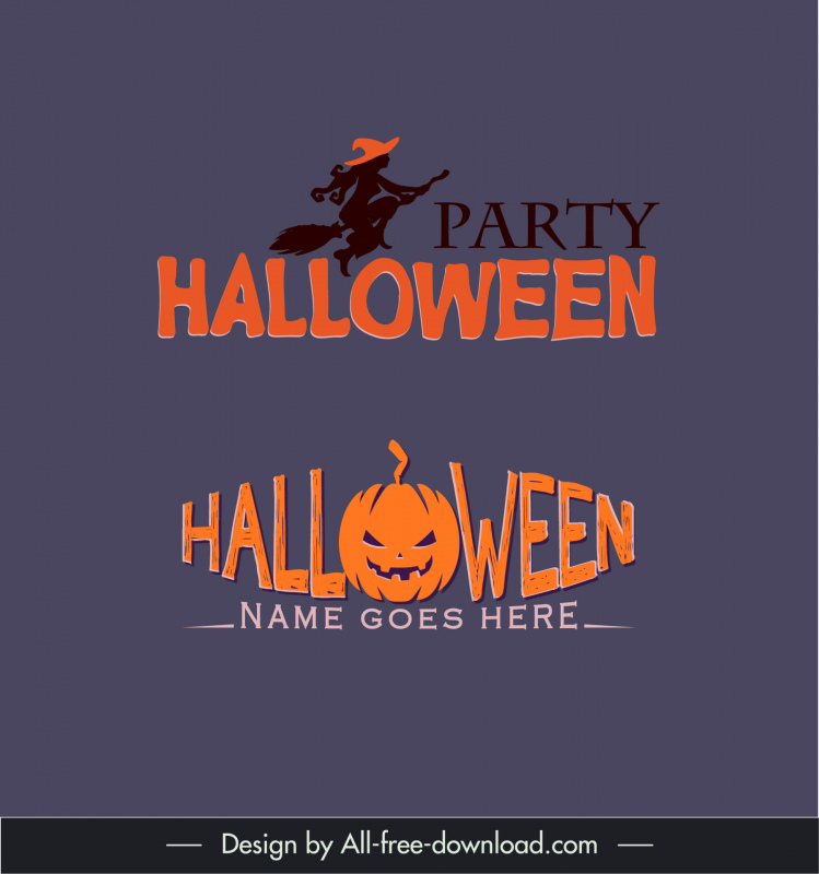 halloween logo template flat silhouette stylized texts pumpkin witch sketch 
