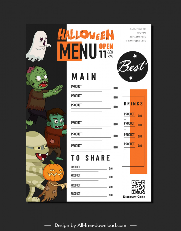 halloween menu template funny dead cartoon characters