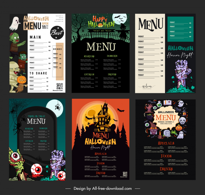 halloween menu templates collection horrible frightening elements