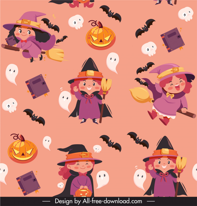  halloween pattern cute repeating baby witch ghost pumpkin book bat skull outline 