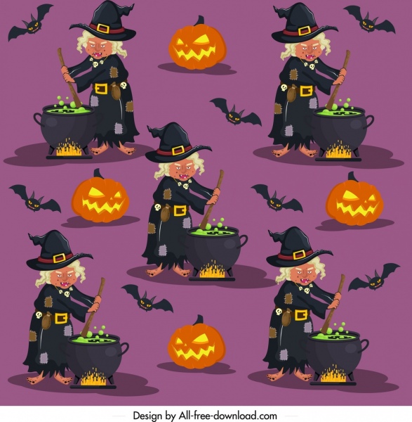 halloween pattern witch pumpkin bat icons repeating design