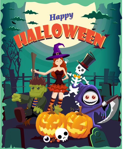 halloween poster design cute witch and emblems