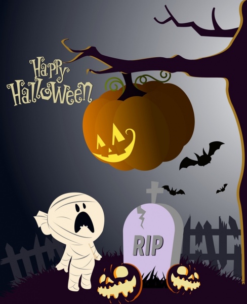 halloween poster pumpkin tree ghost icons decoration
