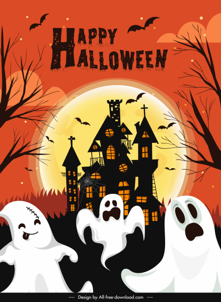 halloween poster template funny ghosts castle moonlight sketch
