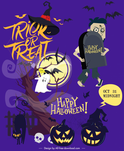 Halloween poster template horrible symbols decor cartoon characters Free  vector in Adobe Illustrator ai ( .ai ) format, Encapsulated PostScript eps  ( .eps ) format format for free download 3.92MB