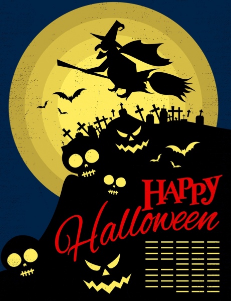halloween poster wizard skull tombs icons silhouette style 