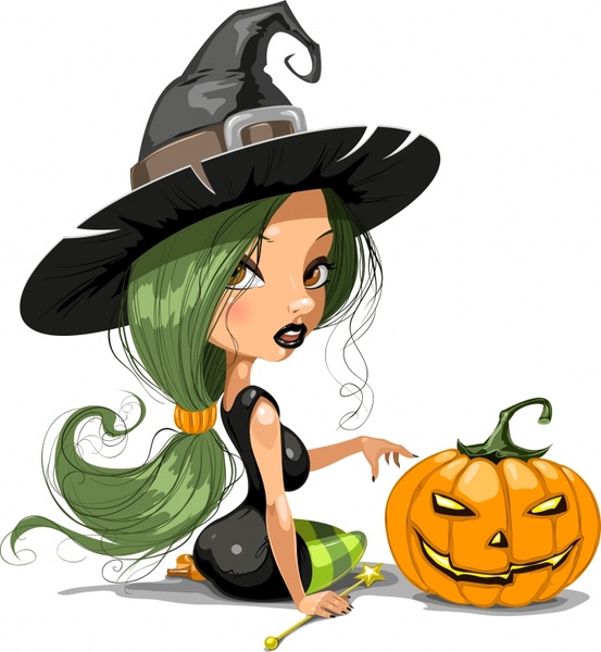 halloween icons pretty witch pumpkin sketch modern cartoon